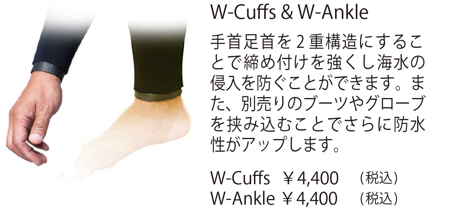 W-Cuffs & W-Ankle 手首足首を 2 重構造にするこ とで締め付けを強くし海水の 侵入を防ぐことができます。ま た、別売りのブーツやグローブ を挟み込むことでさらに防水 性がアップします。